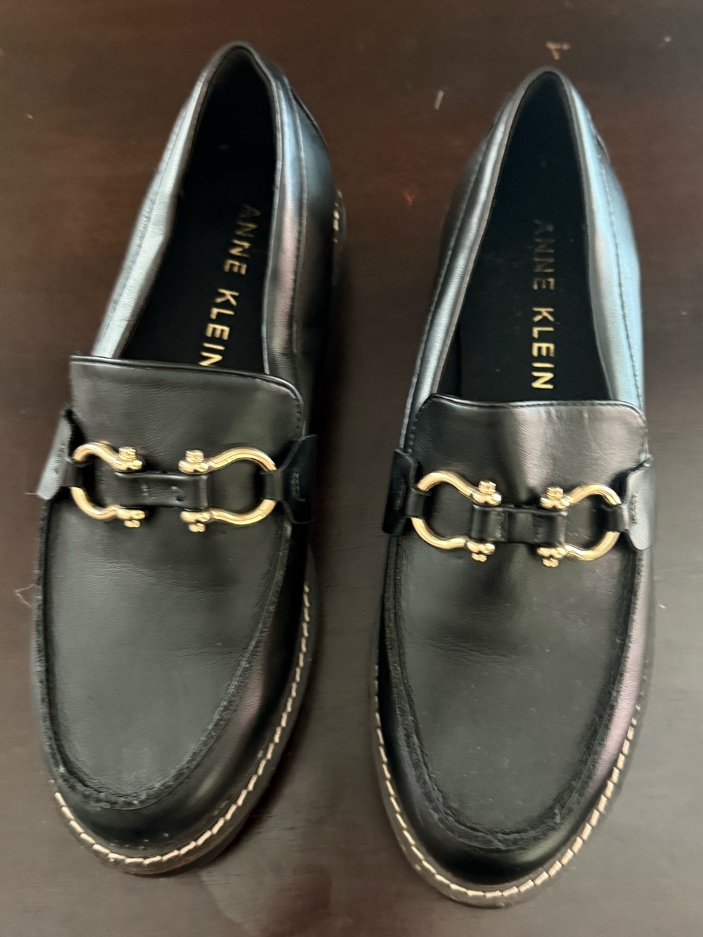 Anne Klein Black Leather Loafers with Gold Accent